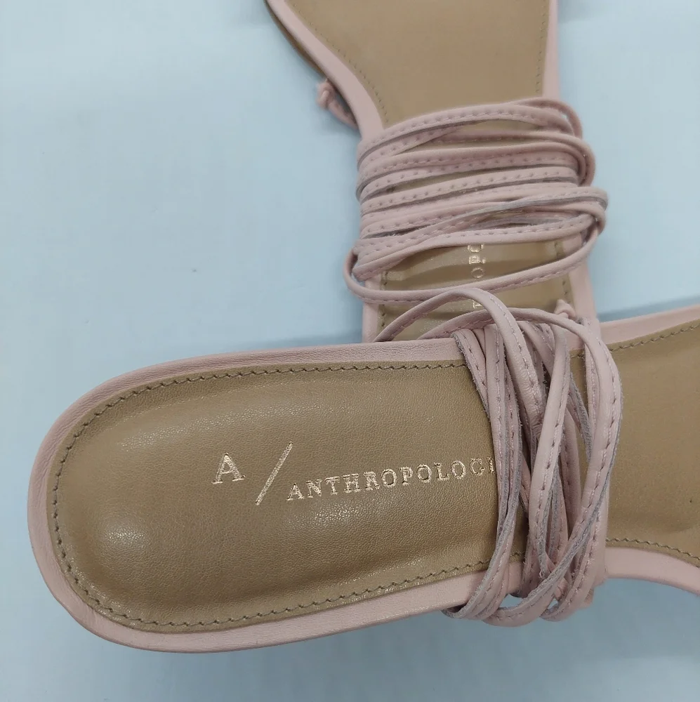 Anthropologie Embellished Tie Up Pink/Rose Raffia Square Toe Sandals Sz 39 US8.5